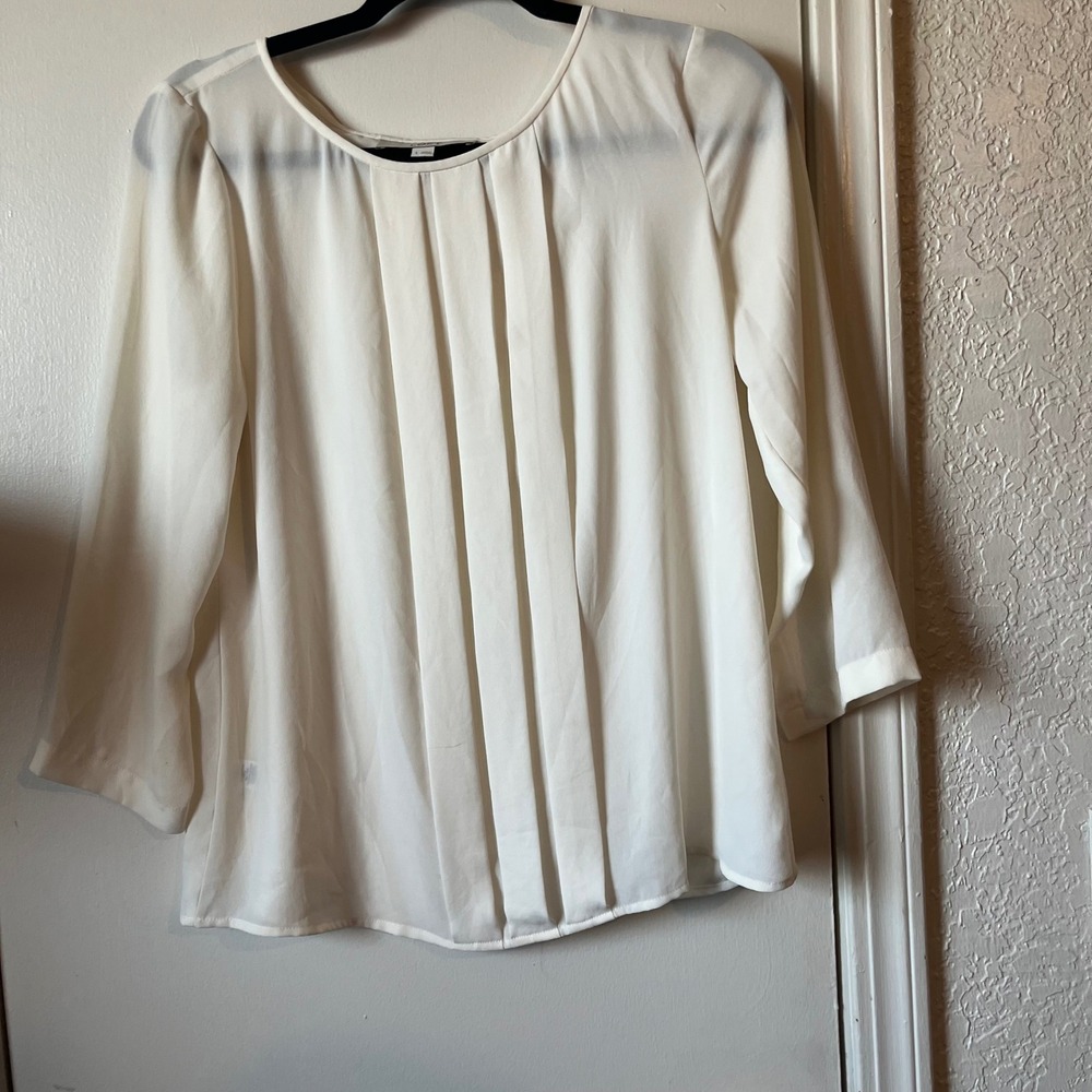 Ann Taylor LOFT Ivory White Pleated Front 3/4 Sleeve Blouse Small